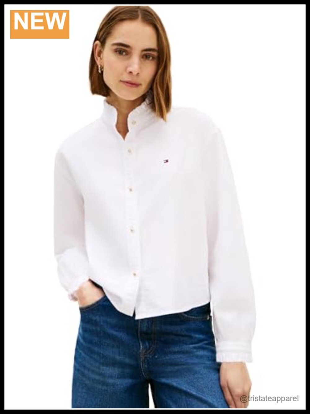 100% Cotton Ruffle Detail Cropped Oxford Button Down Long Sleeve Shirt